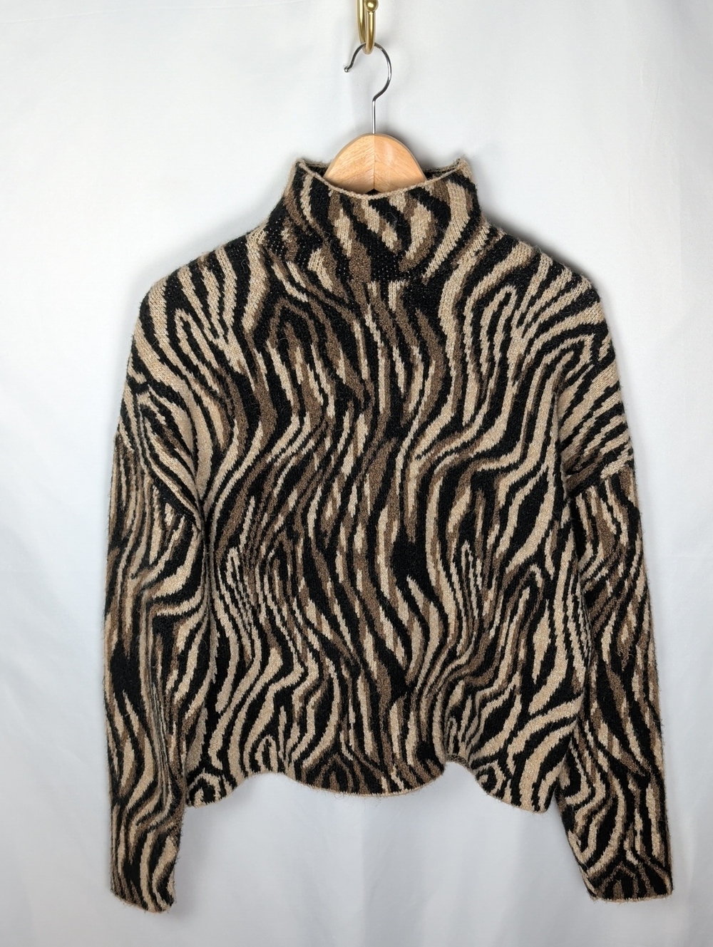 Zara Zebra Print Mock Neck Knit Sweater Tan Black Small